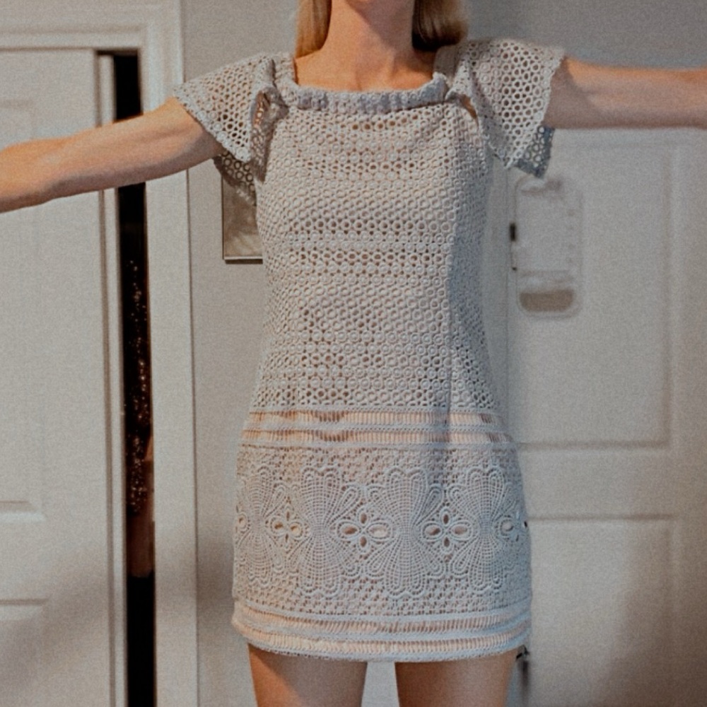 BLUE Eyelet Dress with sleeves and PINK underlay
